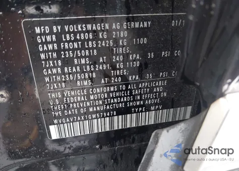 2016 Volkswagen Tiguan Se из США, поврежденный, VIN WVGAV7AX1GW579478